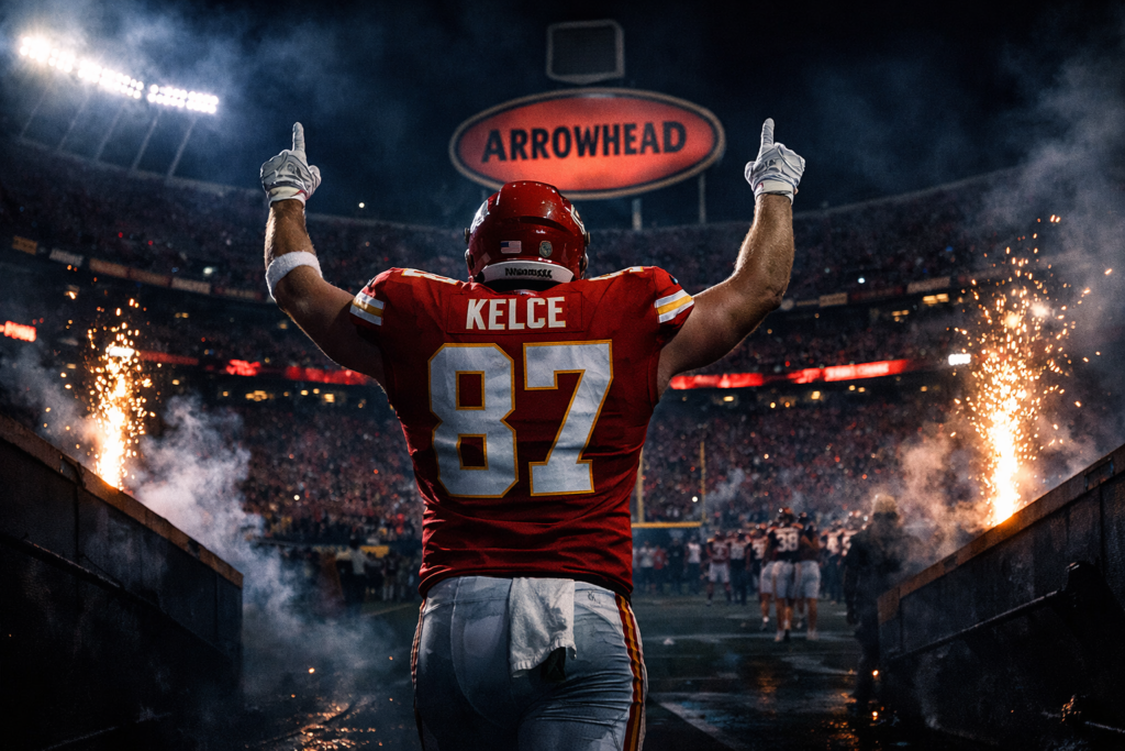 Travis Kelce avec le maillot des Kansas City Chiefs célébrant une victoire à Arrowhead