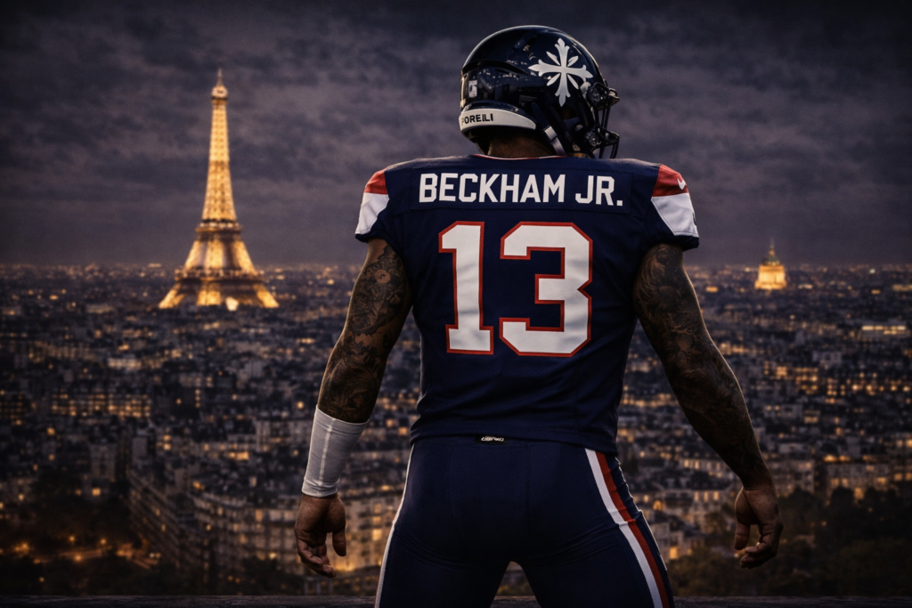 Odell Beckham Jr. avec un béret devant la Tour Eiffel (Montage photo)