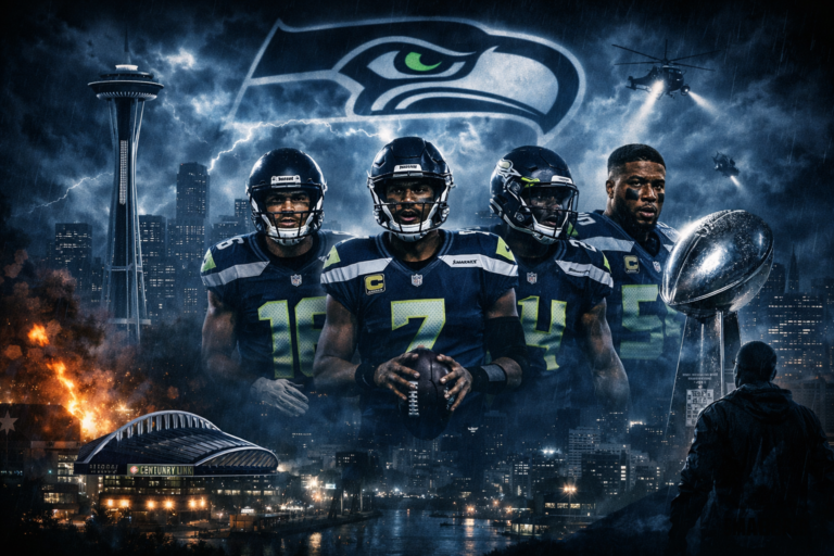 Logo des Seattle Seahawks avec une caméra de télévision Hard Knocks à l'entraînement