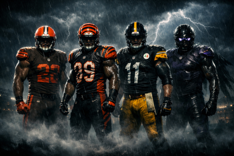 Infographie stylisée des logos et origines des équipes NFL de l'AFC Nord : Browns, Bengals, Steelers et Ravens.