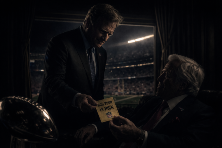 Caricature de Roger Goodell remettant un bon "Valable pour 1 Pick" à Robert Kraft, illustrant les choix compensatoires de la NFL Draft.